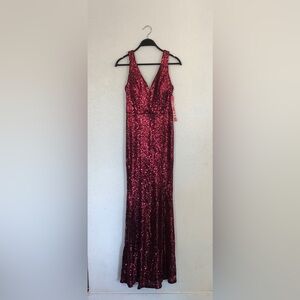 Crystal Doll Red Sequin V-Neck Prom Dress
